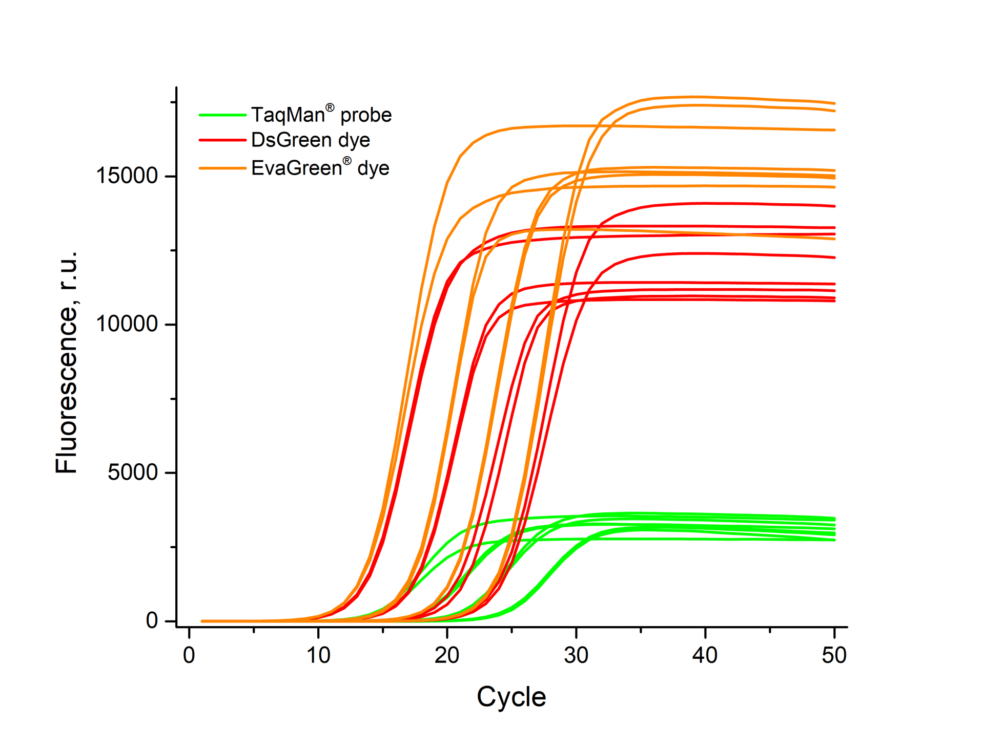 comparison of qPCR efficiency and dyes sensitivity for dsGreen, EvaGreen and TaqMan